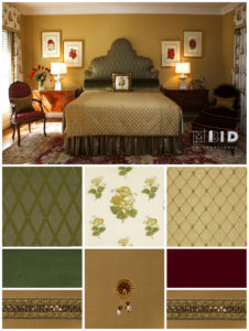 Green and Gold Master Custom Upholstered Headboard Draperies Bedding