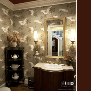 Red-Ceiling-Powder-Room-Gray-Wallpaper